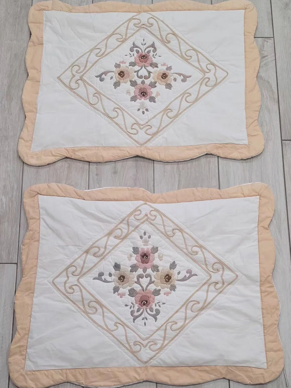 Floral Embroidered White and Beige Decorative Bedspread